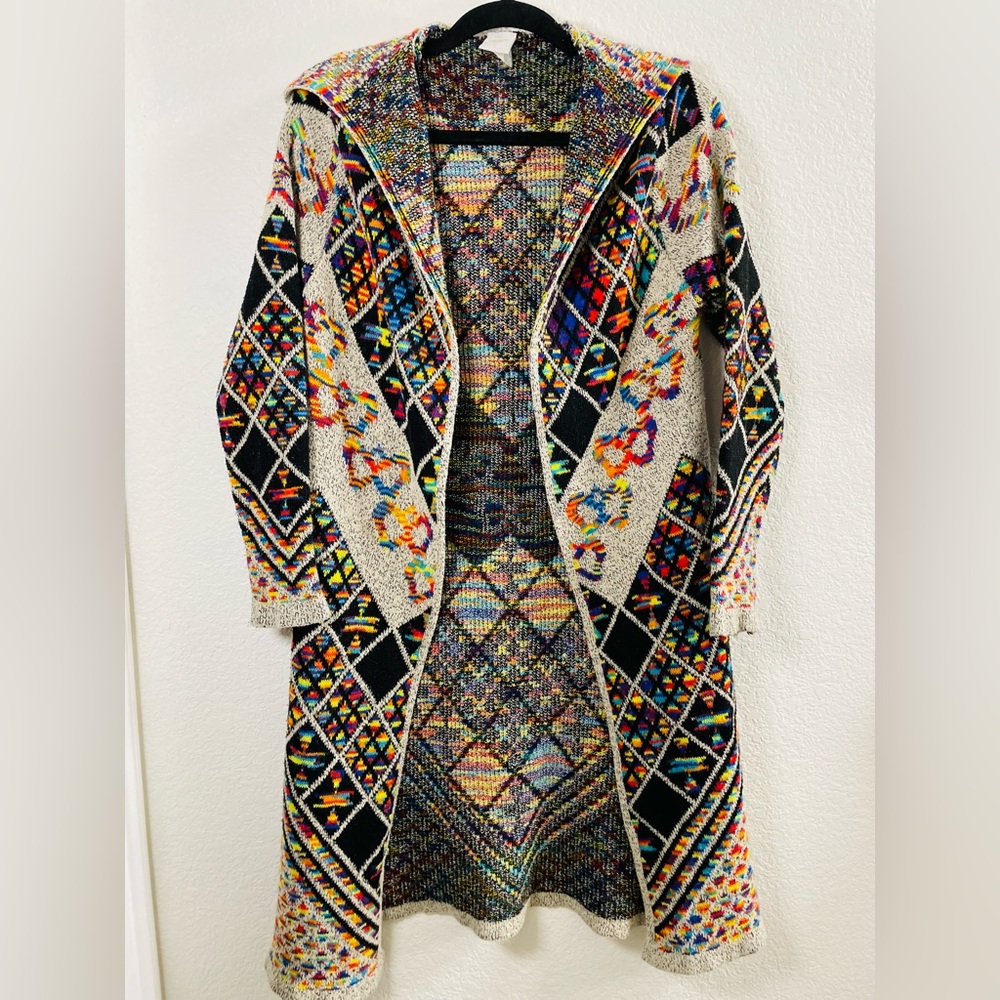 Northern Angel Anthropologie Rainbow Boho Long Hooded Cardigan Sweater Small